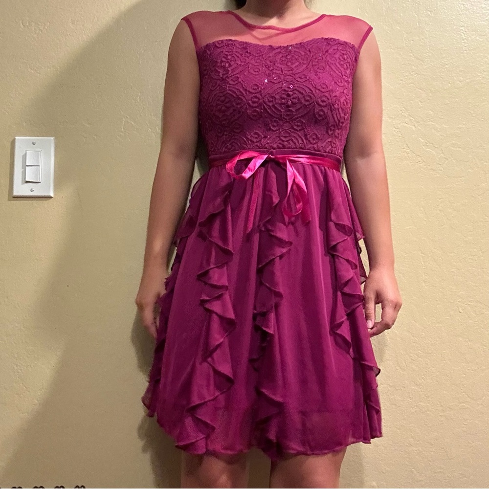 Maroon homecoming dress. Semi formal dress. Illusion neckline. Formal dress.